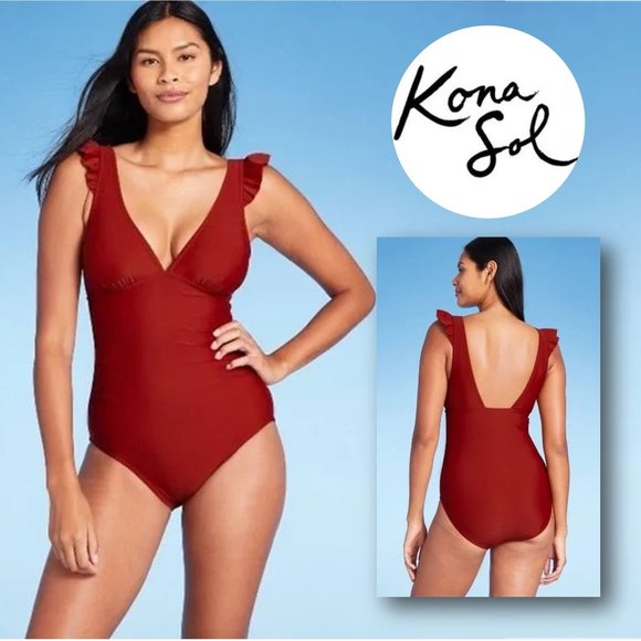 KONA SOL Ruffle Shoulder High Coverage One Piece Swimsuit  ☀️  NEW WITH … - Picture 1 of 14